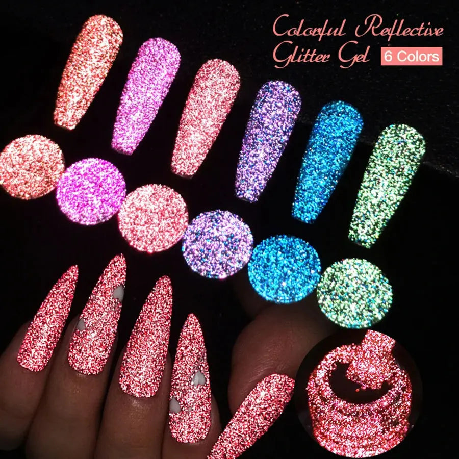 1Pc(7ml)Neon Pink Reflective Gel Polish Glitter Diamond Nail Polish Fluorescent Bright Soak off UV LED Nail Gel Varnish Manicure