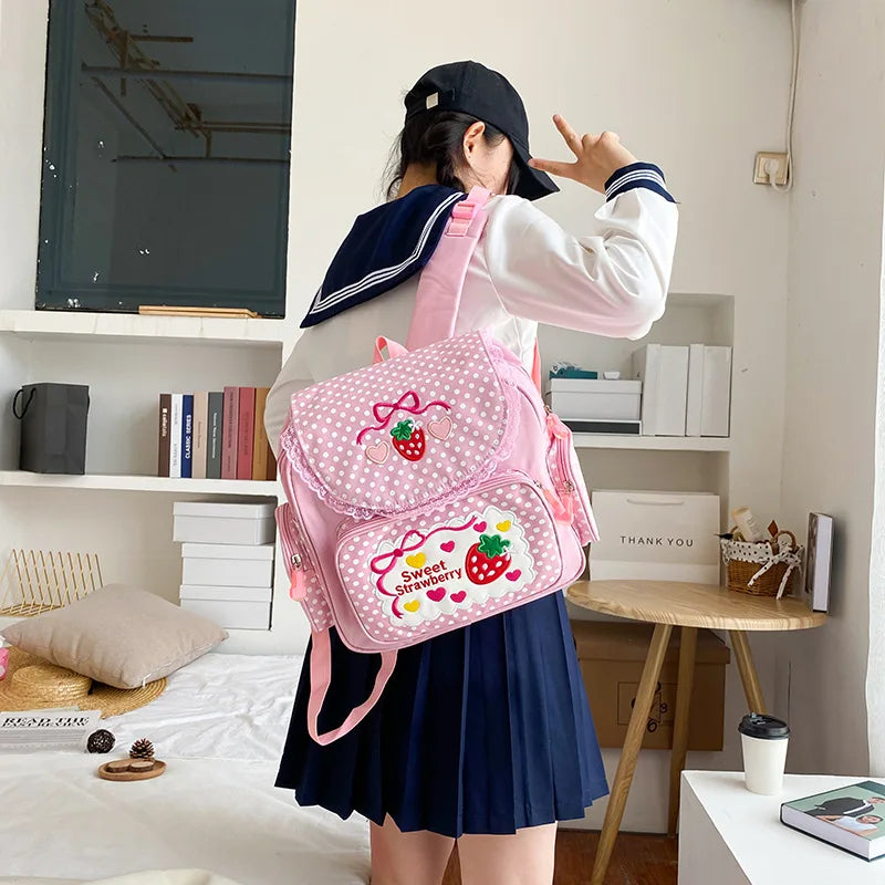 Pink Girl Embroidery Strawberry Children's Schoolbag Student Birthday Gift 2026 New Japanese Cartoon Pink Backpack Book Bags