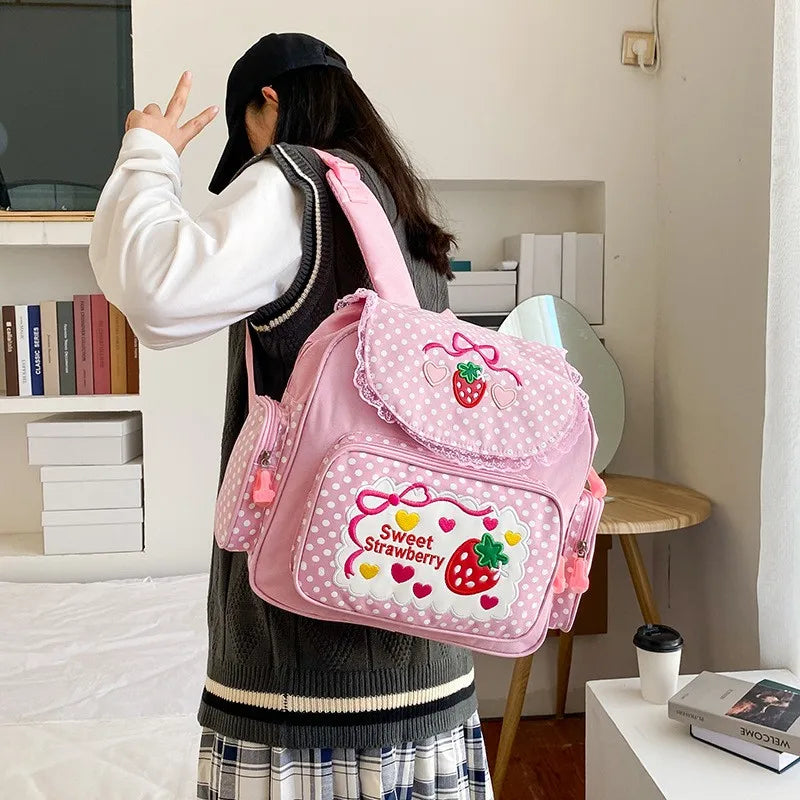 Pink Girl Embroidery Strawberry Children's Schoolbag Student Birthday Gift 2026 New Japanese Cartoon Pink Backpack Book Bags