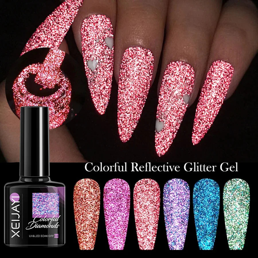 1Pc(7ml)Neon Pink Reflective Gel Polish Glitter Diamond Nail Polish Fluorescent Bright Soak off UV LED Nail Gel Varnish Manicure